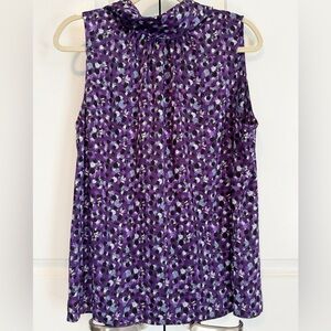 WHBM Purple Floral Sleeveless Blouse Women’s Size L – Keyhole Back Tie Neck